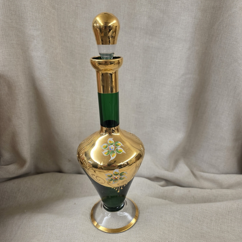 Elegant Gold and Green Glass Decanter